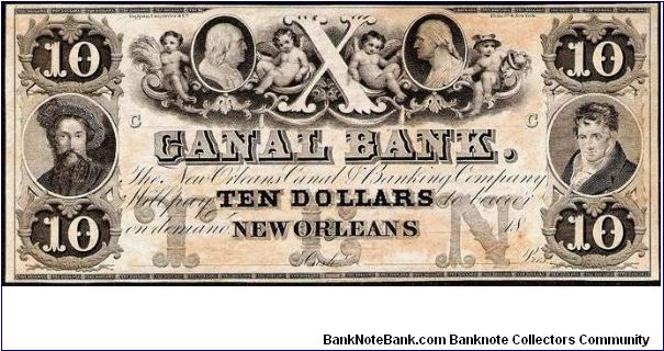 1800's $10 Canal Bank Note hailing from New Orleans, Louisiana. LA-105 G22a. Banknote