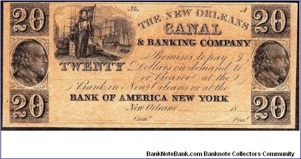 1800's New Orleans, Louisiana $20 Canal & Banking Company Obsolete Currency Note. LA-105 G86. Banknote