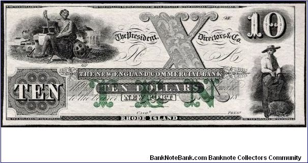 1800's Newport, Rhode Island $10 The New England Commercial Bank (1818-1914) Obsolete Note, HAXBY: RI-155 G86b. Green ornate TEN overprint. Banknote