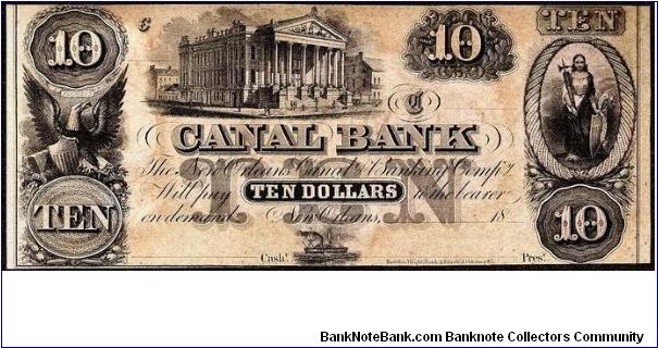 1860's $10 Canal Bank Note hailing from New Orleans, Louisiana. Beautifully detailed vignettes with BLAZING RED BACK. Banknote