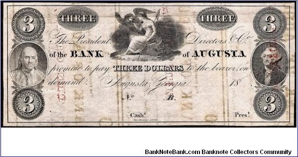 1840's Augusta, Georgia $3 Bank of Augusta (1811-60's) Obsolete Note. HAXBY: GA-30 G50a. This note printed by Peter Maverick (NY) on the reverse side of Bank of Augusta Fractionals. Banknote