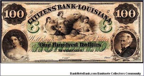 1860's New Orleans, Louisiana $100 The Citizens Bank of Louisiana Obsolete Note, printed in both English and French. Banknote