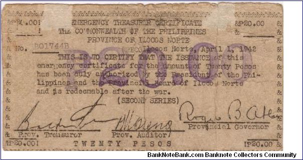 S-274 RARE Province of Ilocos Norte 20 Pesos note, Second Emergency Treasury Certificate Issue. Banknote