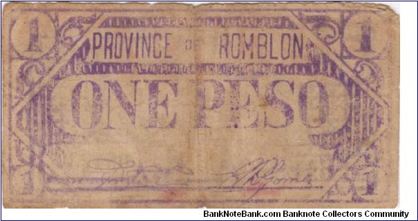ROM-205 Extremely RARE Romblon Province Philippines 1 Peso note. Banknote