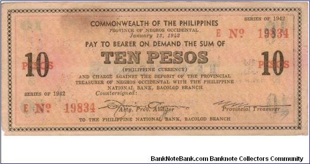 S-639 Commonwealth of the Philippines 10 Peso Cuponized Check. Banknote