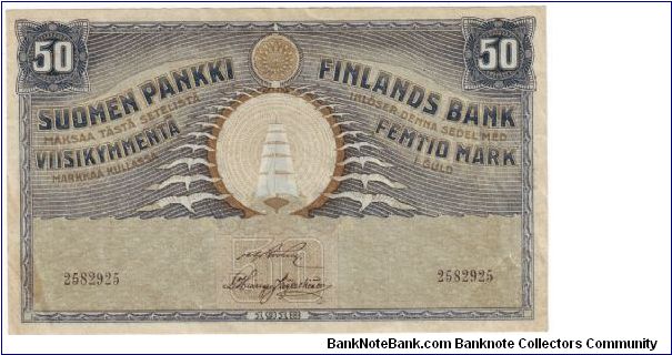 50 Markkaa 

Banknote size 155 X 93mm (inch 6,10 X 3,66)

This note is made of 13.5.-20.5.1921 Banknote