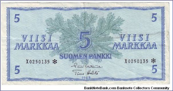 5 Markkaa Serie X

The replacement of banknotes (asterisk)

Banknote size 142 X 69mm (inch 5,59 X 2,72)

Made of 48.000 pieces

This note is made of 1974 Banknote