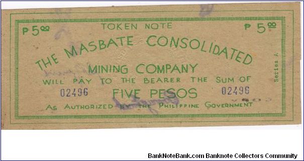 Counterfeit Masbate Consolidated Mining Co. 5 peso note. Banknote