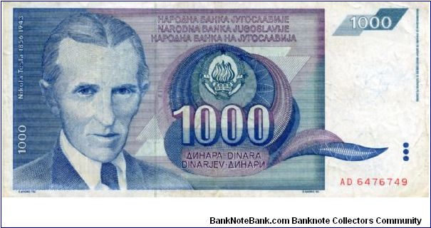 Socialist Federal Republic of Yugoslavia
1000d
Nikola Tesla 1856-1943
Tesla coil Banknote