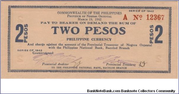 S-655a Commonwealth of the Philippines, Negros Oriental, 2 Peso note with blue ink. Banknote