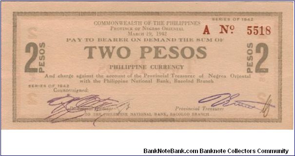 S-655b Commonwealth of the Philippines, Negros Oriental 2 Peso note with grey ink. Banknote