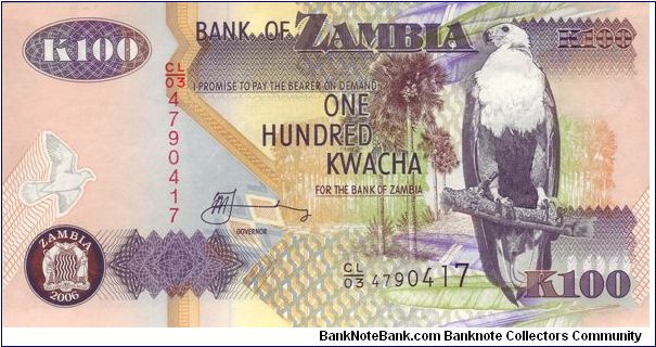 100 Kwacha;

See through window above Bank seal & African Fish Eagle;

Chainbreaker statue Banknote