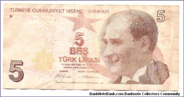 5 Lira.

Ataturk at right on face; Prof. Dr. Aydin Sayili at center right on back.

Pick #NEW Banknote