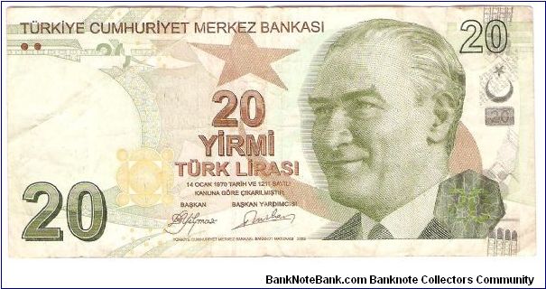 20 Lira.

Ataturk at right on face; house drawings at center, Mimar Kemaleddon at center right on back.

Pick #NEW Banknote