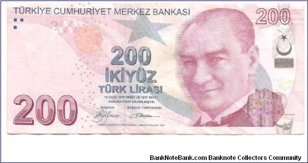 200 Lira.

Ataturk at right on face; poetic drawings at center, Yunus Emre at right center on back.

Pick #NEW Banknote