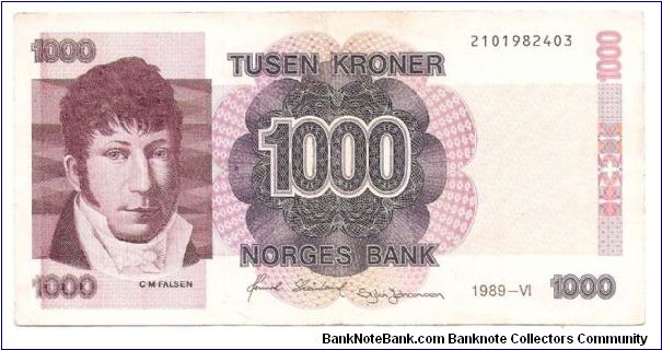 1,000 Kroner.

C. M. Falsen at left on face; 1668 Royal seal at center on back.

Pick #45a Banknote