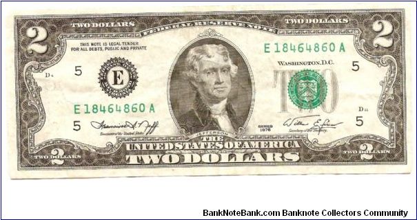 2 Dollars.

Serie E-5 (Richmond, VA)

Portrait Thomas Jefferson at center on face; signing of the Declaration of Independence on back.

Pick #461 Banknote