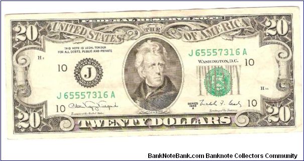 20 Dollars.

Series J-10 (Kansas City)

Portrait Andrew Jackson at center on face; the White House at center on back.

Pick #483 Banknote