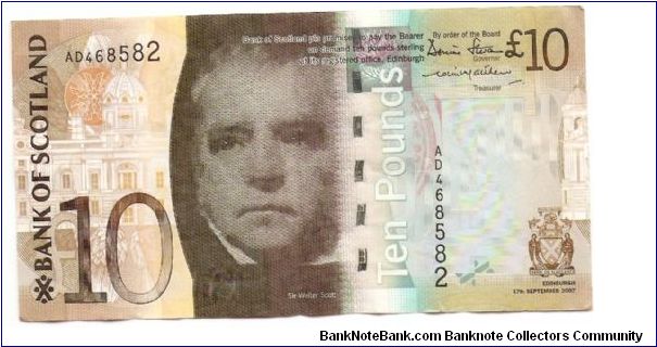10 Pounds.

Bank of Scotland.

Sir W. Scott at center on face; Glenfinnan Viaduct at center on back.

Pick #NEW Banknote