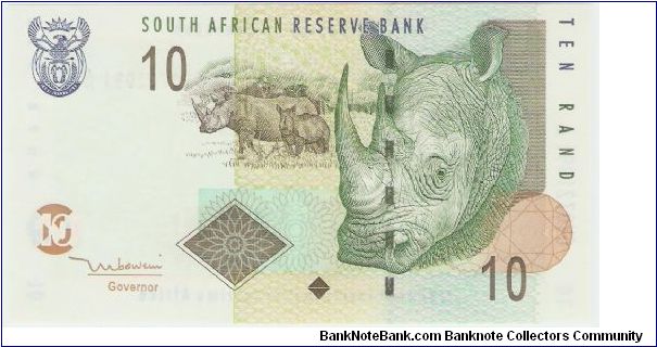 10 Rand.

Coat of arms at top left, white rhinoceros at center, large white rhino at right on face; ram's head over sheep at left on back.

Pick #128 Banknote