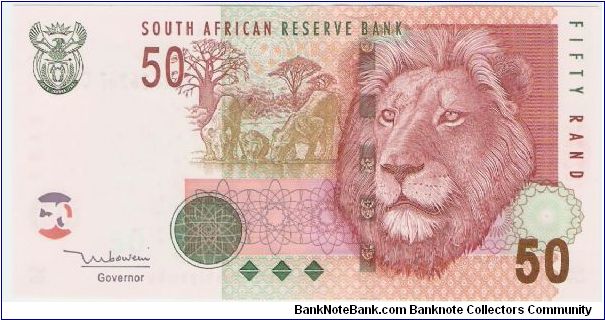 50 Rand.

Coat of arms at top left, lions with cub drinking water at center, male lion head at right on face; Sasol oil refinery at lower left center on back.

Pick #130 Banknote