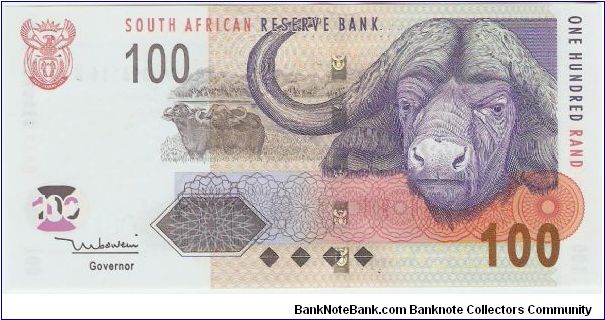 100 Rand.

Coat of arms at top left, cape buffalo at center and large water buffalo head at right on face; zebras along bottom from left to center on back.

Pick #131 Banknote
