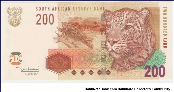 200 Rand.

Coat of arms at top left, leopard at center, large leopard's head at right on face; dish antenna at upper left, modern bridge at lower left on back.

Pick #132 Banknote