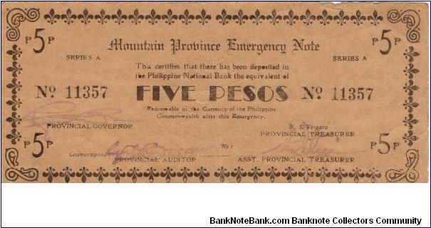 S-603 Mountain Province Emergency 5 Pesos note. Banknote