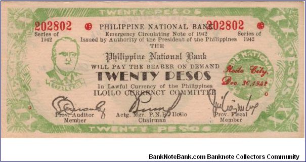 S-318 Philippine National Bank of Iloilo 20 Pesos note. Banknote