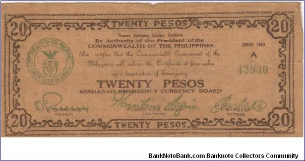 S-489a Mindanao Emergency Currency 20 Pesos note. Banknote