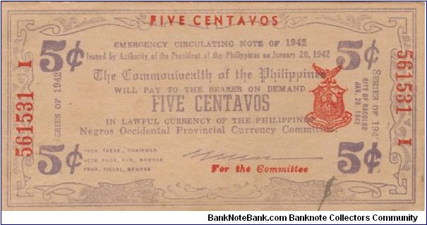 S-640a Negros Occidental 5 Centavos note with Encarnacion signature. Banknote