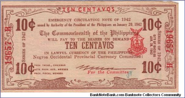 S-642 Negros Occidental 10 Centavos note with Encarnacion signature. Banknote