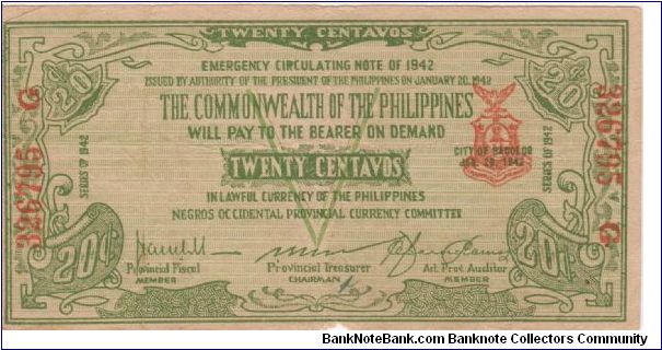 S-644 Negros Occidental 20 Centavos note. Banknote
