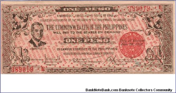 S-646a Negros Occidental 1 Peso note with Peso on reverse facing in. Banknote
