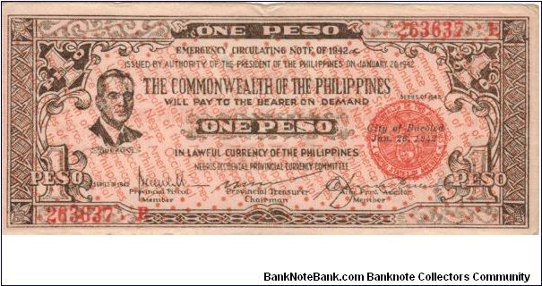 S-646b Negros Occidental 1 Peso note with Peso on reverse facing out. Banknote