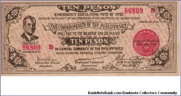 S-649c Negros Occidental 10 Pesos note on bias paper with pesos on reverse facing in. Banknote
