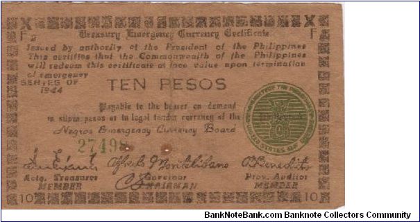 S-676a Negros Emergency Currency 10 Pesos note, plate F2. Banknote
