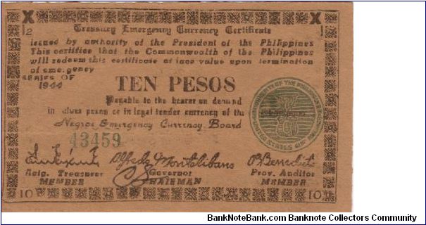 S-677a Negros Emergency Currency 10 Pesos note, plate I2. Banknote