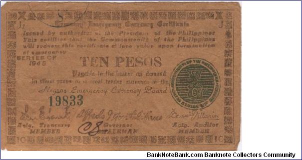 S-683 Negros Emergency Currency 10 Pesos note, plate J1. Banknote