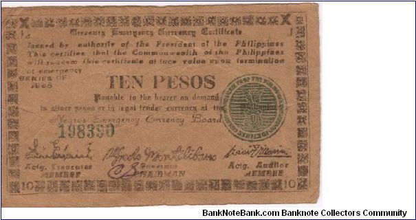 S-683 Negros Emergency Currency 10 Pesos note, plate J4. Banknote