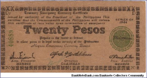 S-680a Negros Emergancy Currency 20 Pesos note, plate D1. Banknote