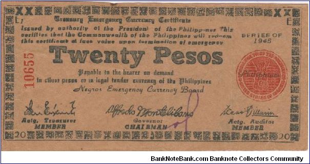 S-684 Negros Emergency Currency 20 Pesos note, plate E1. Banknote