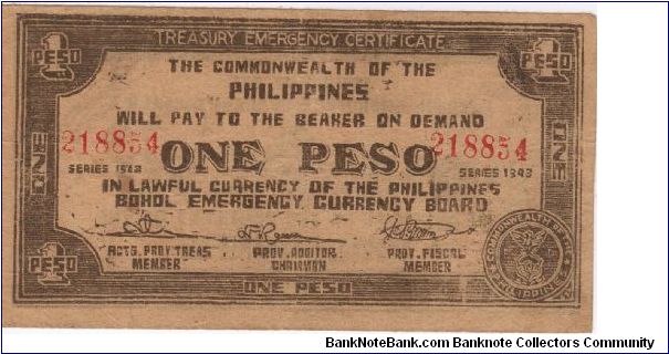 S-139b Bohol Emergency Currency 1 Peso note. Banknote