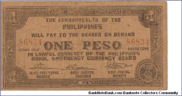 S-139a Bohol Emergency Currency 1 Peso note, missing auditor's initial. Banknote