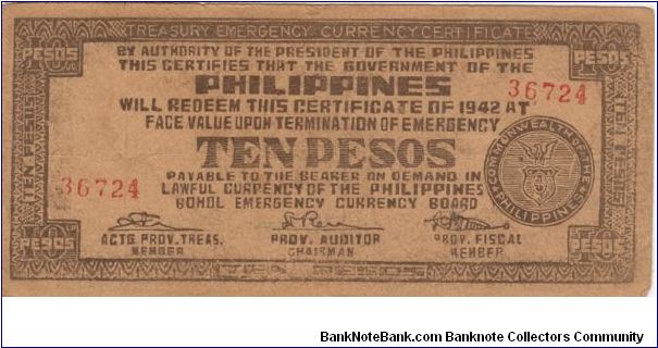 S-137a Bohol Emergency Currency 10 Peso note. Banknote