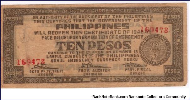 S-137g Bohol Emergency Currency 10 Pesos note. Banknote