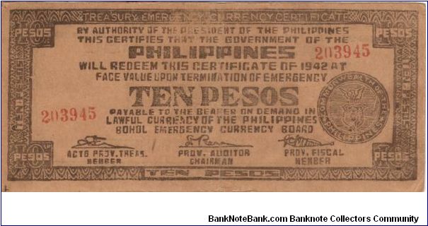 S-137j Bohol Emergency Currency 10 Pesos note. Banknote