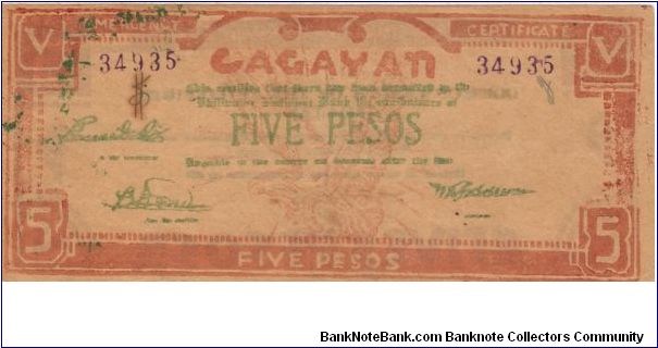 S-191b Cagayan 5 Pesos note. Banknote