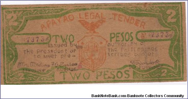 S-113 Apayao Legel Tender 2 Pesos note with countersign on reverse. Banknote