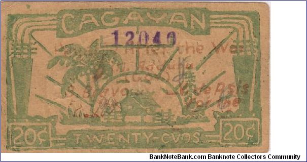S-183b Cagayan 20 centavos note with red text. Banknote